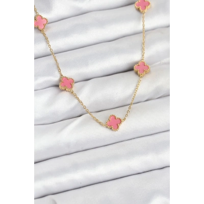 BFS 316L Çelik Zincir Gold Renk Pembe Baby Boy Yonca Kadın Kolye