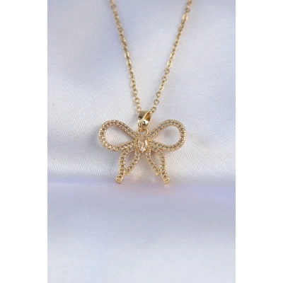 BFS 316L Çelik Zincir Gold Renk Zirkon Taşlı Fiyonk Kolye