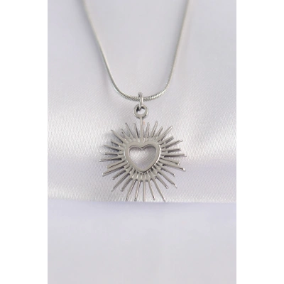 BFS 316L Çelik Zincir Gümüş Renk Kalp Güneşi Tasarımlı Kolye