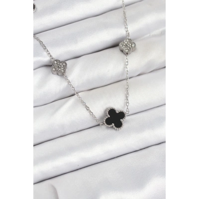 BFS 316L Çelik Zincir Gümüş Renk Siyah ve Zirkon Taşlı Yonca Kadın Kolye