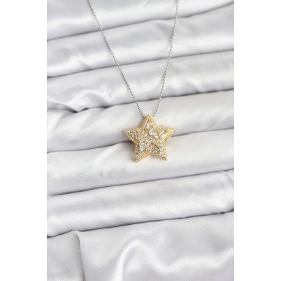 BFS 316L Çelik Zincir Gümüş Renk Zincirli Gold Yıldız Model Kadın Kolye
