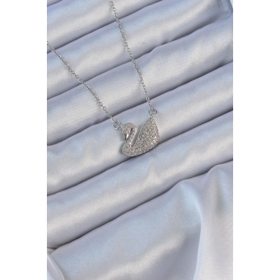 BFS 316L Çelik Zincir Gümüş Renk Zirkon Taşlı Kuğu Kolye