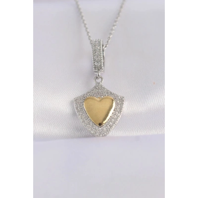 BFS 316L Çelik Zincir Gümüş Renk Zirkon Taşlı Tasarım Altın Renk Kalp Kolye
