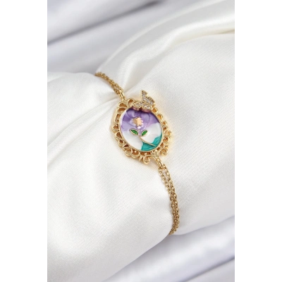 BFS 316L Çelik Zincir Mineli Sanatsal Portre Zirkon Taşlı Kelebek Detaylı Çiçek Model Gold Renk Kadın Bileklik