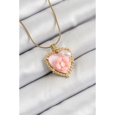 BFS 316L Çelik Zincir Pembe Sanatsal Portre İnci Detaylı Papatya Figürlü Kalp Model Gold Renk Kadın Kolye