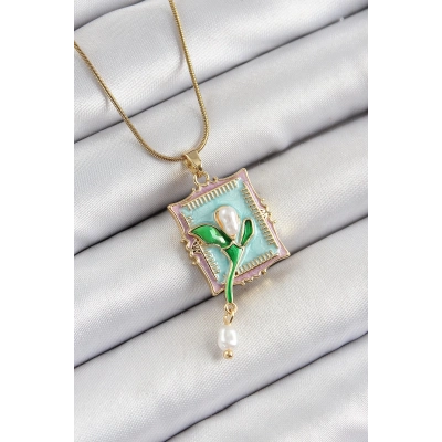 BFS 316L Çelik Zincir Turkuaz Sanatsal Portre Sallantılı İnci Detaylı Lale Model Gold Renk Kadın Kolye
