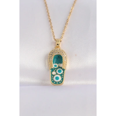 BFS 316L Çelik Zincir Zirkon Taşlı Altın Renk Nazarlı Terlik Tasarımlı Kolye