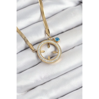 BFS 316L Çelik Zirkon Taşlı Çeyrek Takılabilir Gold Renk Kadın Kolye