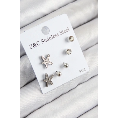BFS 316L Çelik Zirkon Taşlı Deniz Yıldızı Model Gümüş Renk Kadın Set Küpe