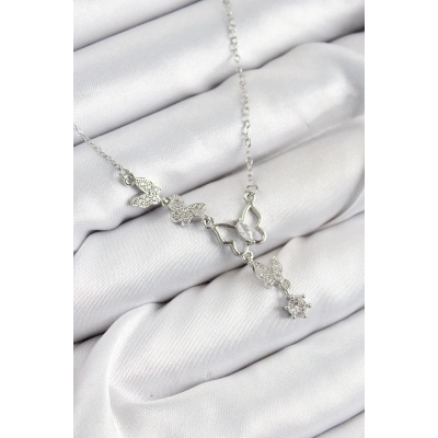 BFS 316L Çelik Zirkon Taşlı Kelebek Model Gümüş Renk Kadın Kolye