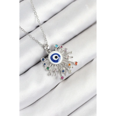 BFS 316L Çelik Zirkon Taşlı Nazar Model Gümüş Renk Kadın Kolye