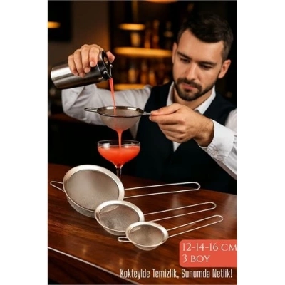 BFS 3’lü Bar Süzgeci Seti – 12-14-16 cm Çaplı Paslanmaz Çelik | Kokteyl ve Mutfak İçin