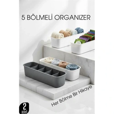 BFS 5 Bölmeli Dolap ve Çekmece İçi 2’li Set Organizer Kutusu (Gri & Beyaz)