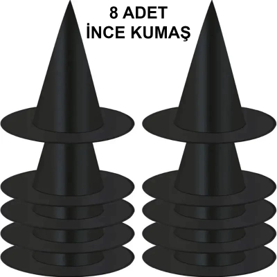 BFS 8 Adet Siyah Cadı Şapkası – Yetişkin  Çocuk Kostüm Aksesuarı