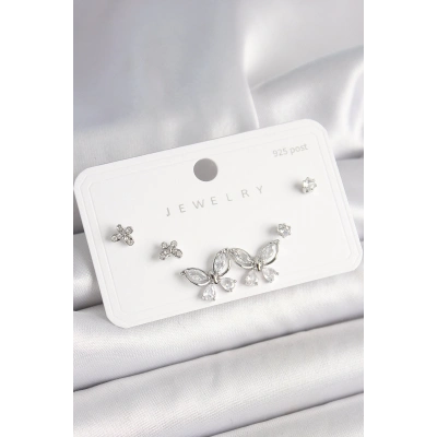 BFS 925 Ayar Gümüş Çivi Pirinç Gümüş Renk Zirkon Taşlı Kelebek Model Kadın Küpe Seti