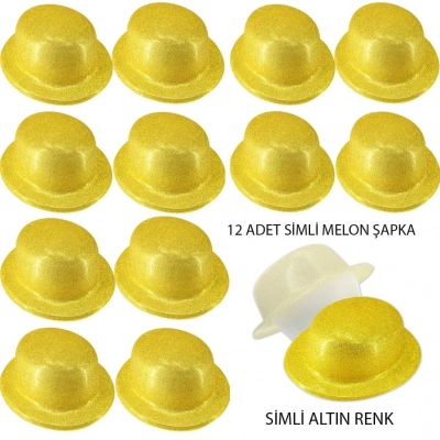BFS   Altın Renk Simli Melon Yuvarlak Parti Şapkası 12 Adet