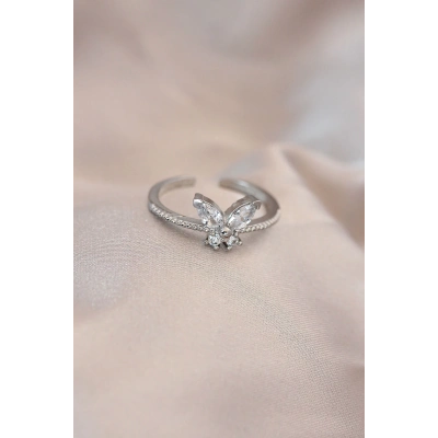 BFS Ayarlamalı Gümüş Renk Metal Zirkon Taş ve Kristal Taşlı Kelebek Model Yüzük