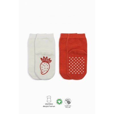 BFS   Bistyle Meyve Figürlü Kaymaz Soket Çorap 2Li BS10105 Kırmızı Ekru