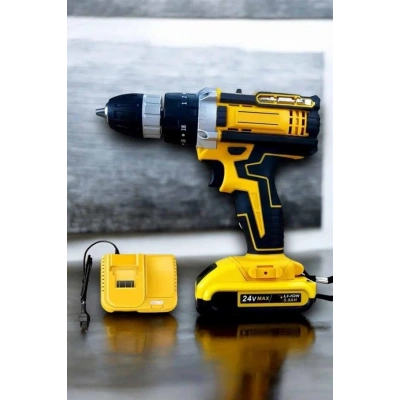 BFS Çift Bataryalı Metal Dişli Darbeli Şarjlı Matkap Seti 24W Güç ve 24 Parça Aksesuar