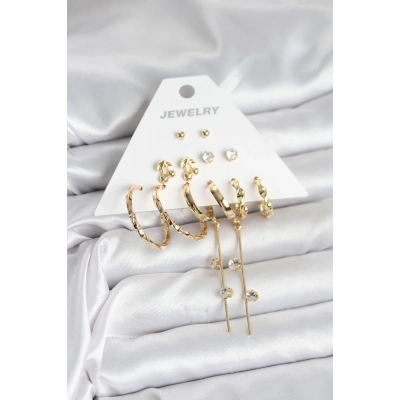 BFS Gold Renk 6 Çift Pirinç Kadın Küpe Seti