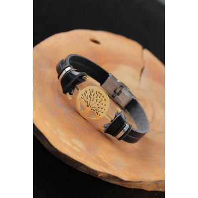 BFS Gold Renk Metal Ağaçlı Tasarım Siyah Renk Deri Erkek Bileklik