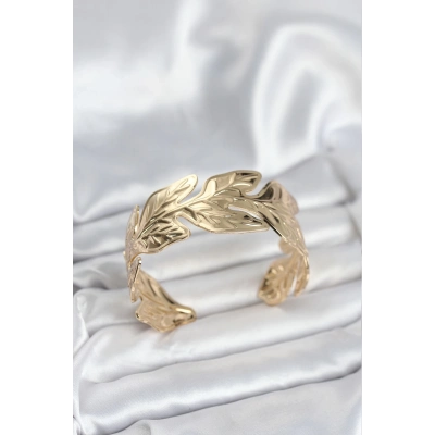 BFS Gold Renk Pirinç Levha Yaprak Model Kadın Bileklik