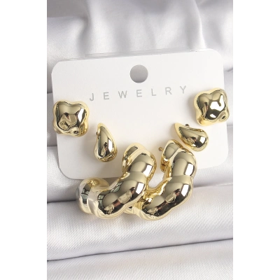 BFS Gold Renk Yonca Damla Halka Model CCB Plastik Kadın Küpe Seti