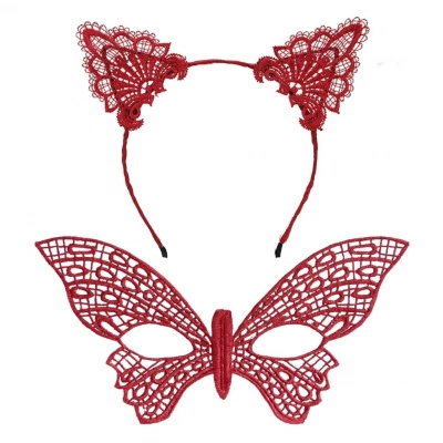 BFS  Gösterişli Kırmızı Dantel Maske ve Taç Seti 7 No – Masquerade ve Davetler için