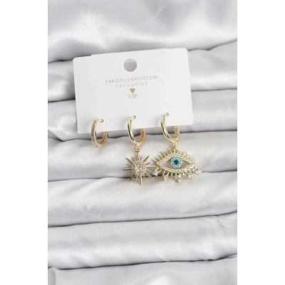 BFS Göz Model Gold Renk Pirinç 3lü Kadın Küpe Seti