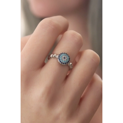 BFS Gümüş Renk Nazar Boncuk Figür Zirkon Taş Detay Kadın Yüzük