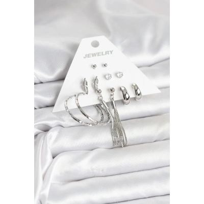 BFS Gümüş Renk Pirinç 6 Çiftli Kadın Küpe Seti