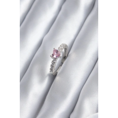 BFS Gümüş Renk Zirkon Taşlı Pembe Kristal Kalp Model Kadın Yüzük