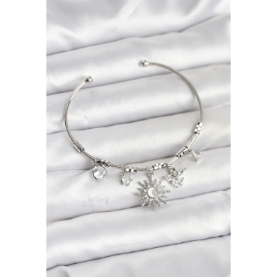 BFS Güneş Charmlı Gümüş Renk Pirinç Kadın Bileklik