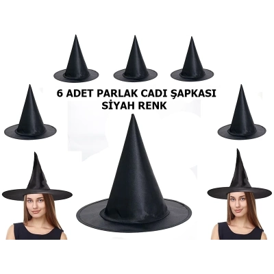 BFS Halloween Siyah Renk Parlak Dralon Cadı Şapkası Yetişkin Ve Çocuk Uyumlu 6 Adet