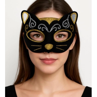 BFS  Kadife Dokulu Sim Detaylı Işıltılı Kedi Maskesi Altın Gümüş 20x13 cm