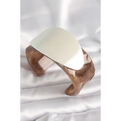 BFS Kahverengi Mermer Desen Akrilik Plastik Gümüş Oval Plaka Model Vintage Kadın Bilezik