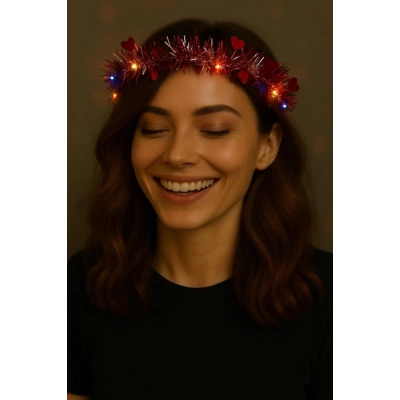 BFS   Kalp Püsküllü Gece Parıltısı 3 Modlu LED'li Işıklı Taç Kırmızı Renk