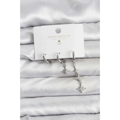 BFS Kutup Yıldızı Model Gümüş Renk Pirinç 3lü Kadın Küpe Seti