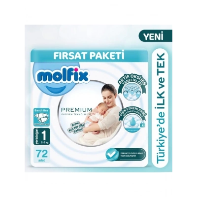 BFS   Molfix Premium Bebek Bezi Fırsat Paketi 1 Beden 2-5 Kg 72 Adet