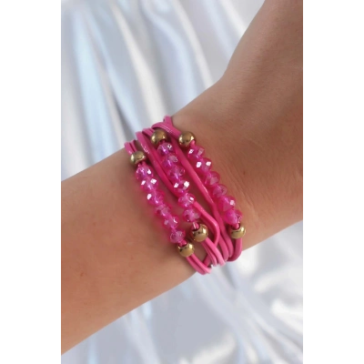 BFS Pembe Renk Zirkon Taşlı İpli Çoklu Bileklik