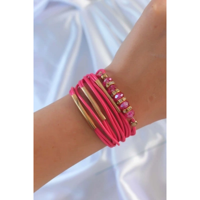 BFS Pembe Renk Zirkon Taşlı Metal Aksesuarlı İpli Çoklu Bileklik