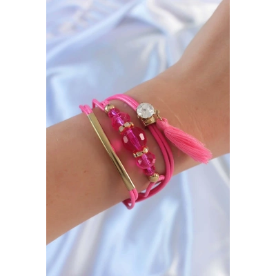BFS Pembe Zirkon Taşlı İpli Püskül Detay Çoklu Bileklik