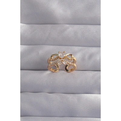 BFS Pirinç Ayarlamalı Gold Renk Zirkon Taşlı 2li Görünüm Fiyonk Yüzük