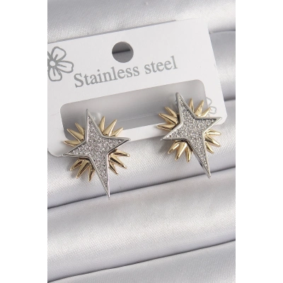 BFS Pirinç Gold Gümüş Renk Zirkon Taşlı Kutup Yılıdız Model Kadın Küpe