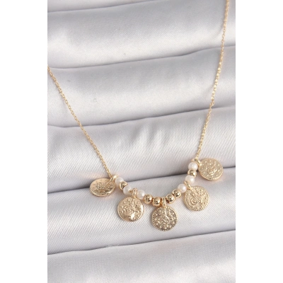 BFS Pirinç Gold Renk 5Li Osmanlı Tuğra Figür İnci Detay Kadın Kolye