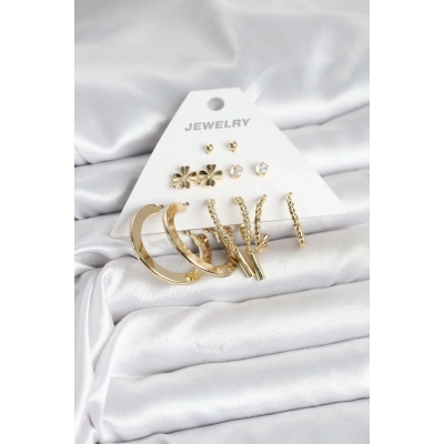 BFS Pirinç Gold Renk 6 Çift Kadın Küpe Seti