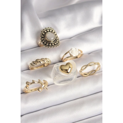 BFS Pirinç Gold Renk Beyaz Gül Figür Kalp İşlemeli Sarmal Detay 6Lı Kadın Yüzük Seti