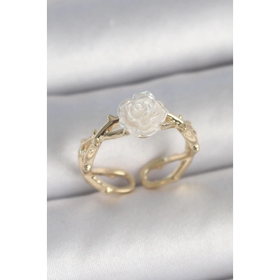 BFS Pirinç Gold Renk Beyaz Gül Model Ayarlanabilir Kadın Yüzük