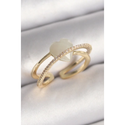 BFS Pirinç Gold Renk Beyaz Kristal Kalp Model Zirkon Taş Detay Kadın Yüzük