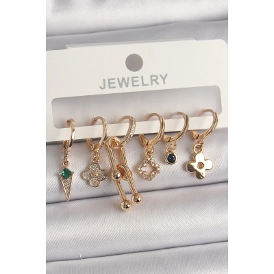 BFS Pirinç Gold Renk Çoklu Figür Kadın Küpe Seti